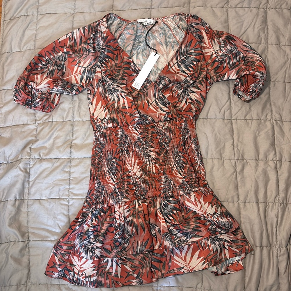 NSR Orange tree printed stretchy mini dress with bell sleeves